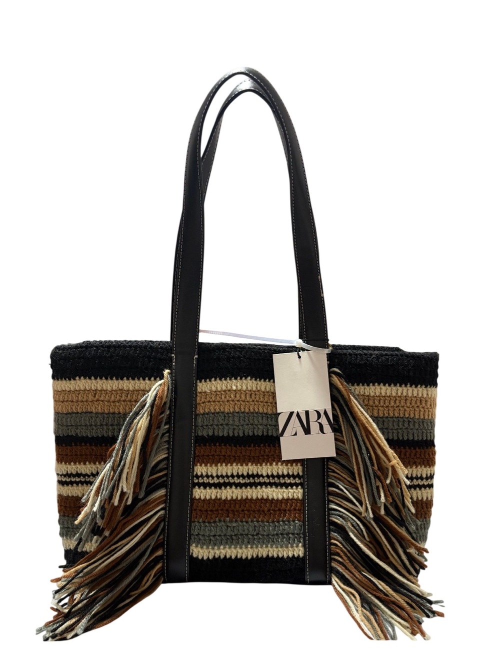 NWT ZARA Black, Brown & Cream Striped Fringe Crochet Tote
